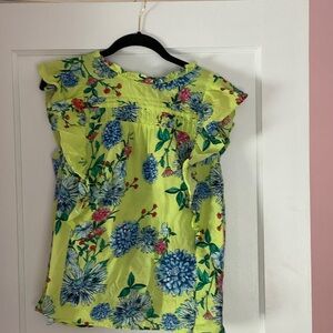 LOFT Green Floral Blouse with Ruffle Detail